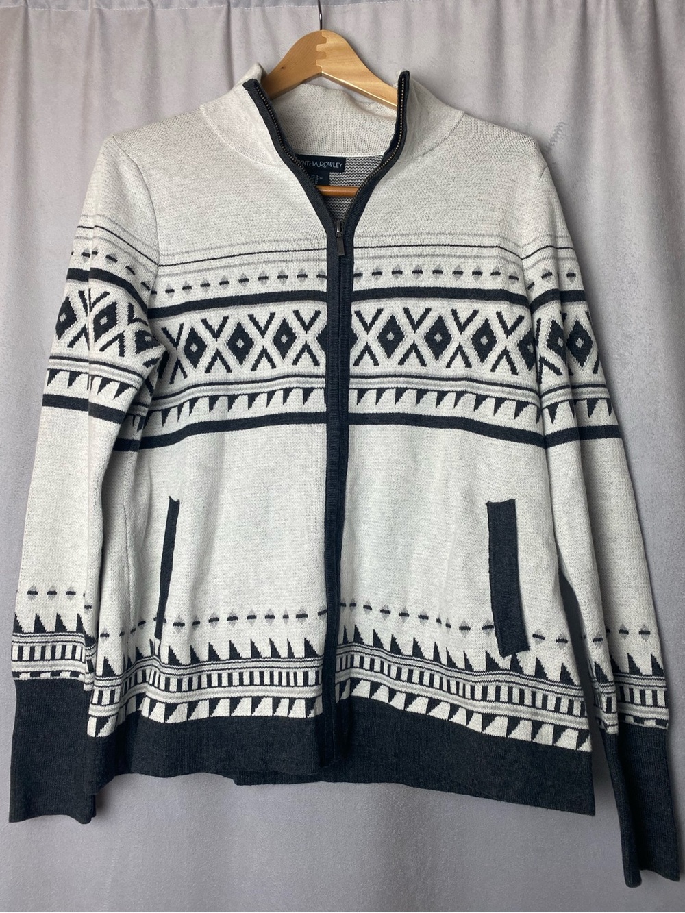 Cynthia Rowley Geometric Fair Isle Zip-Up mock neck warm cozy Sweater XL